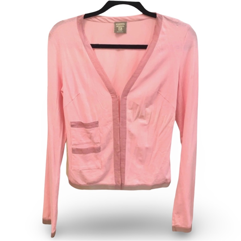 ROBERTA SCARPA pink v-neck cardigan top with organiza ribbon trim